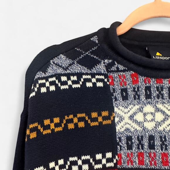 Vintage 90s Liz Sport 100% Cotton Fair Isle Patchwork Sweater Rare Knit - Picture 6 of 9